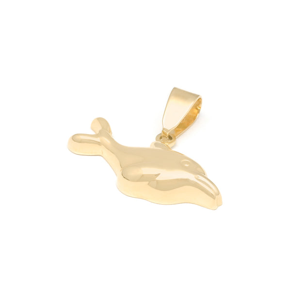 Dije hueco motivo delfín en oro amarillo 14 kilates.