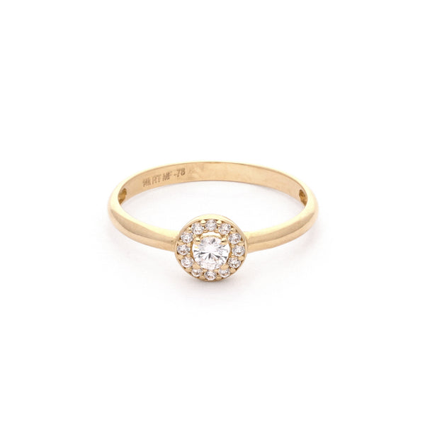 Anillo diseño especial con circonias en oro amarillo 14 kilates.