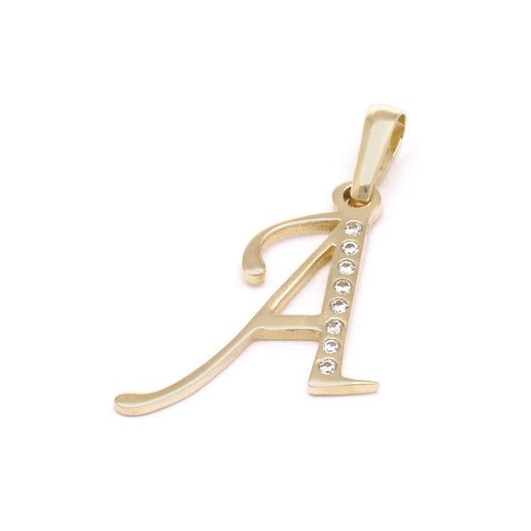 Dije liso con circonias motivo letra A oro amarillo 14 kilates.