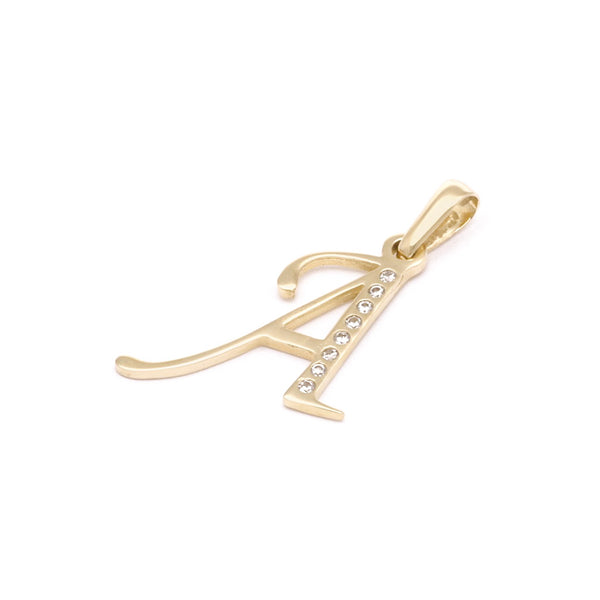 Dije liso con circonias motivo letra A oro amarillo 14 kilates.