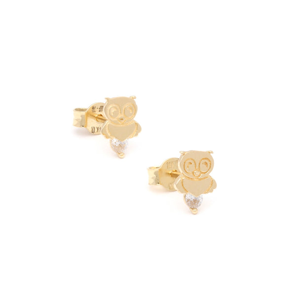 Aretes labrados con circonias motivo búho en oro amarillo 14 kilates.