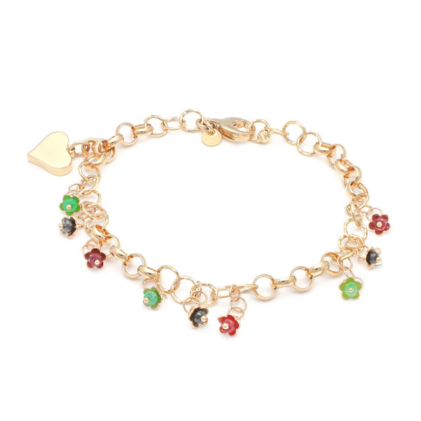 Pulsera eslabón cruzado con colgantes motivo corazón y sintéticos en oro amarillo 14 kilates.