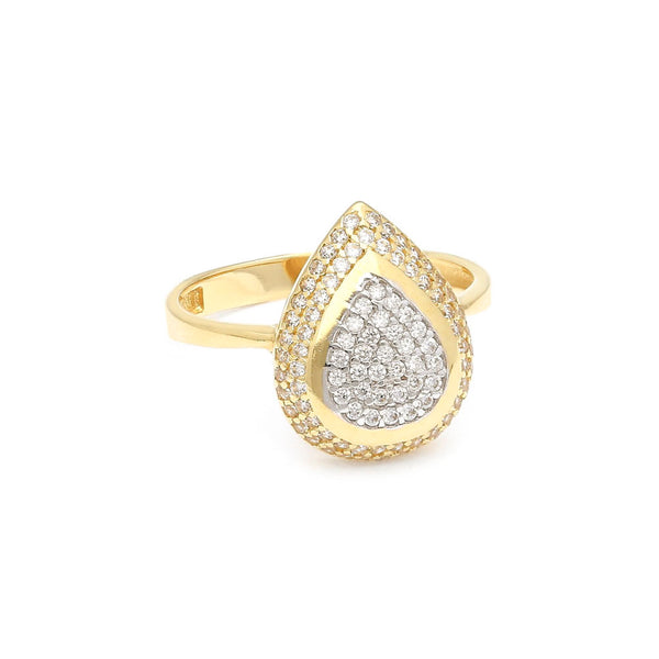 Anillo diseño especial con circonias motivo gota en oro amarillo 14 kilates.