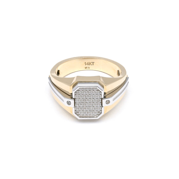 Anillo tipo sello con circonias en oro dos tonos 14 kilates.