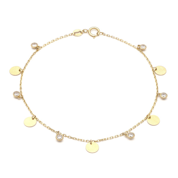 Pulsera eslabón cruzado con colgantes motivo círculos y circonias en oro amarillo 14 kilates.