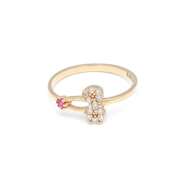 Anillo diseño especial motivo cereza con sintéticos en oro amarillo 14 kilates.