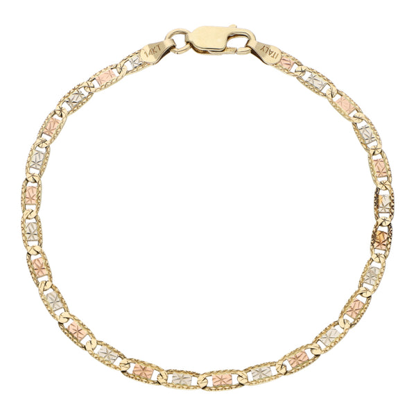 Pulsera eslabón nudo marino en oro tres tonos 14 kilates.