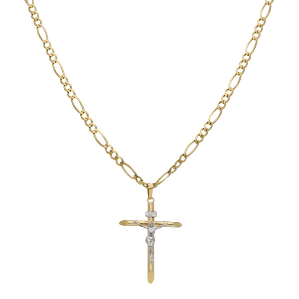 Collar de tres eslabones por uno y crucifijo en oro dos tonos 14 kilates.