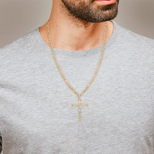 Collar de tres eslabones por uno y crucifijo en oro dos tonos 14 kilates.