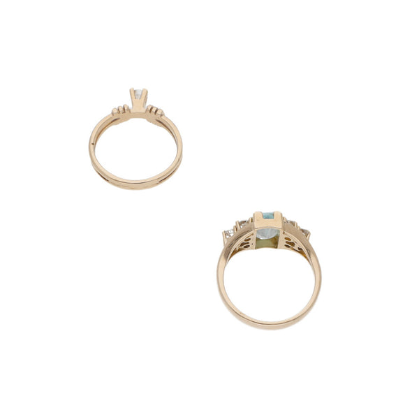 Anillos diseño especial con diamante en oro amarillo 12 kilates y anillo diseño especial con sintéticos en oro amarillo 14 kilates.