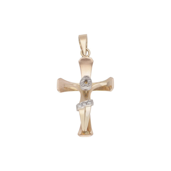 Crucifijo estilizado con diamantes en oro rosa 14 kilates.