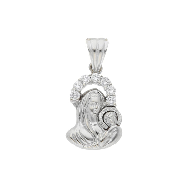 Medalla diseño especial motivo virgen y niño con circonias en oro blanco 14 kilates.
