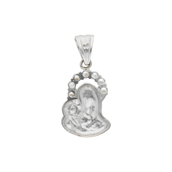 Medalla diseño especial motivo virgen y niño con circonias en oro blanco 14 kilates.