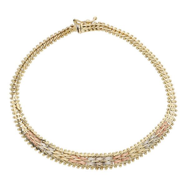 Pulsera eslabón boleado en oro tres tonos 14 kilates.