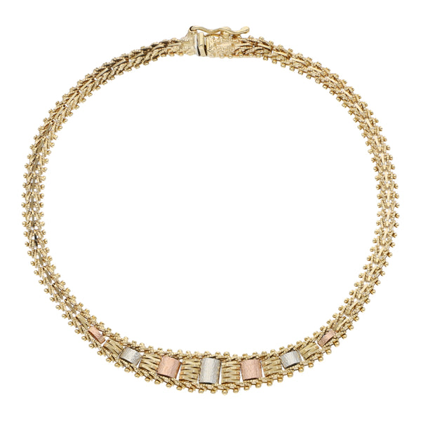 Pulsera eslabón boleado en oro tres tonos 14 kilates.