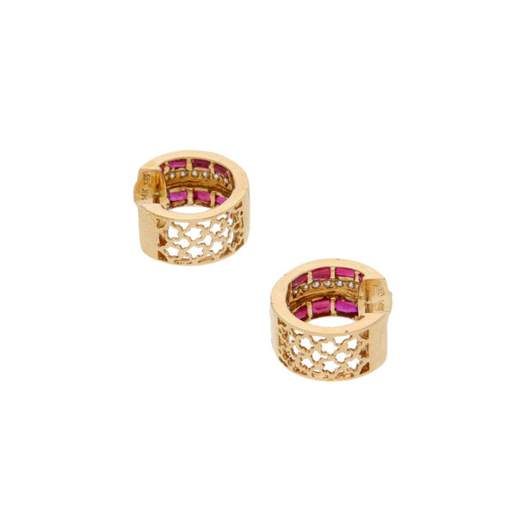 Arracadas articuladas con diamantes y rubíes en oro rosa 14 kilates.