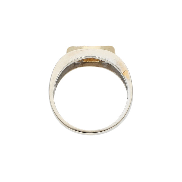 Anillo diseño especial con circonias en oro dos tonos 14 kilates.
