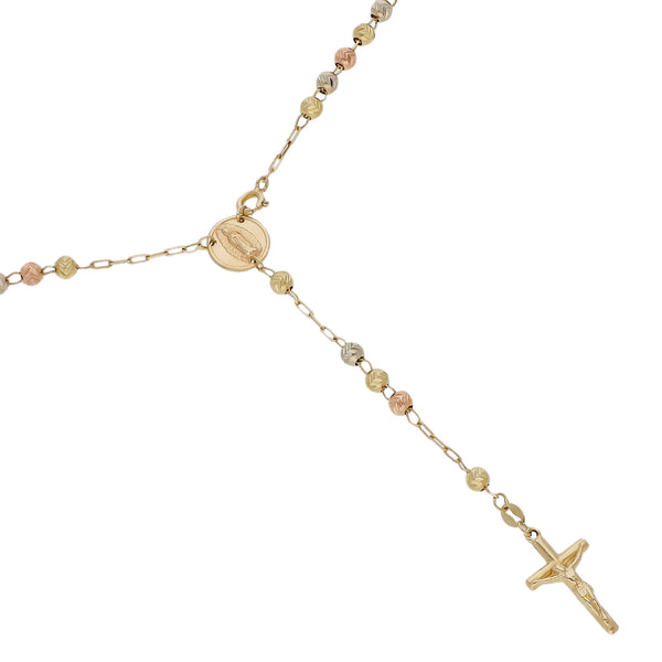 Rosario eslabón cruzado con cuentas labradas en oro tres tonos 14 kilates.