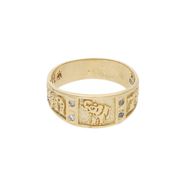 Anillo labrado motivos de la suerte con circonias en oro amarillo 14 kilates.