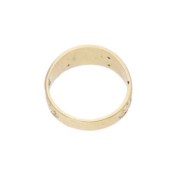 Anillo labrado motivos de la suerte con circonias en oro amarillo 14 kilates.
