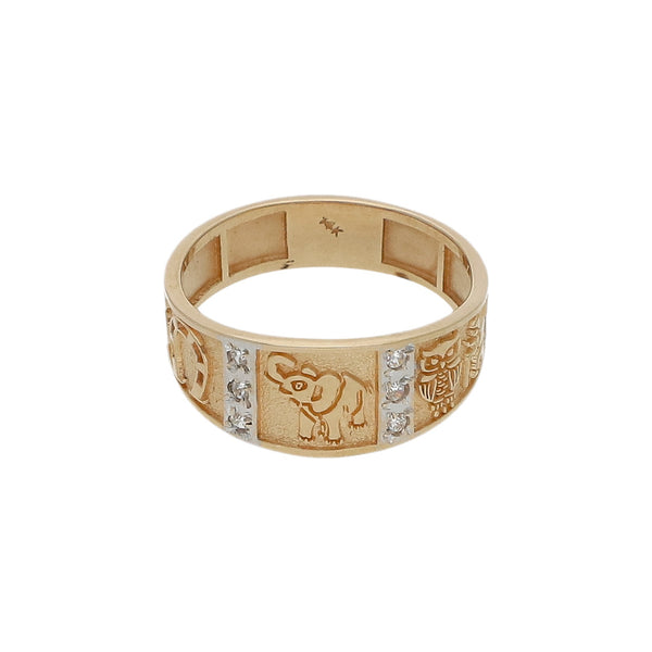 Anillo diseño especial motivo figuras diferentes con circonias en oro amarillo 14 kilates.