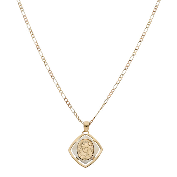 Collar de tres eslabones por uno y medalla motivo virgen en oro tres tonos 14 kilates.