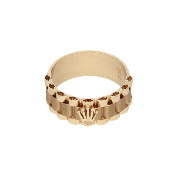 Anillo diseño especial con aplicación motivo corona en oro amarillo 14 kilates.