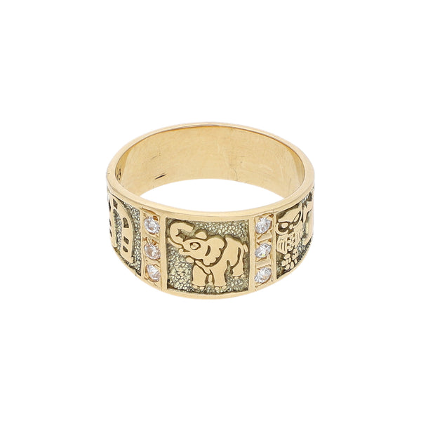 Anillo labrado con circonias motivos de la suerte en oro amarillo 14 kilates.