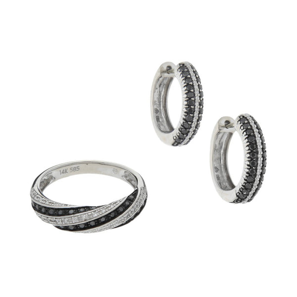 Juego de anillo y arracadas diseño especial con diamantes en oro blanco 14 kilates.