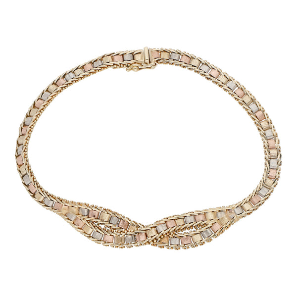 Pulsera eslabón boleado en oro tres tonos 14 kilates.