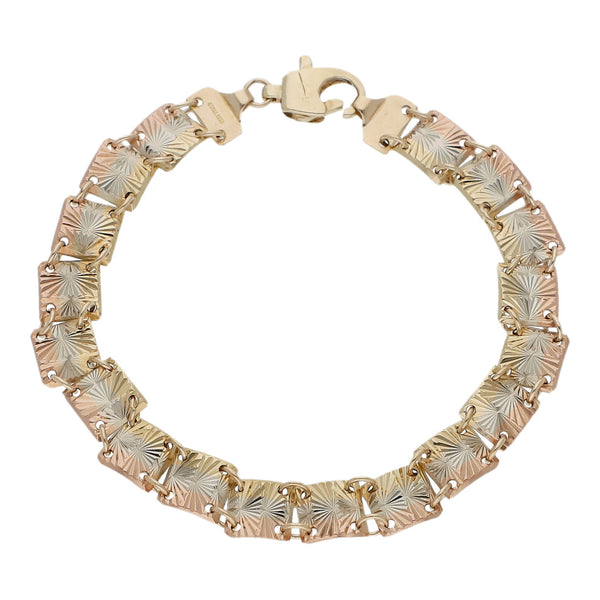 Pulsera eslabón laminado labrado en oro tres tonos 14 kilates.
