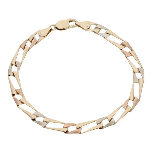 Pulsera eslabón laminado en oro tres tonos 14 kilates.