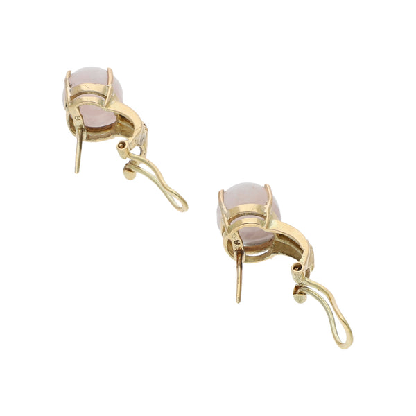 Juego de aretes, dije y anillo diseño especial con cuarzo rosa y circonias en oro amarillo 14 kilates.