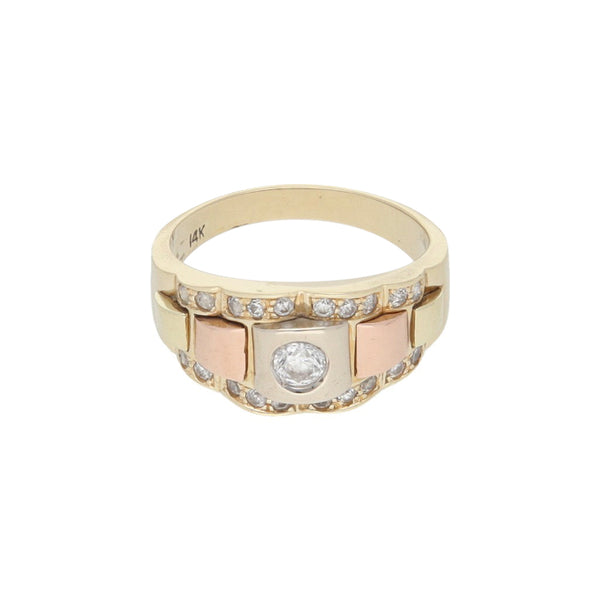 Anillo diseño especial con circonias en oro tres tonos 14 kilates.
