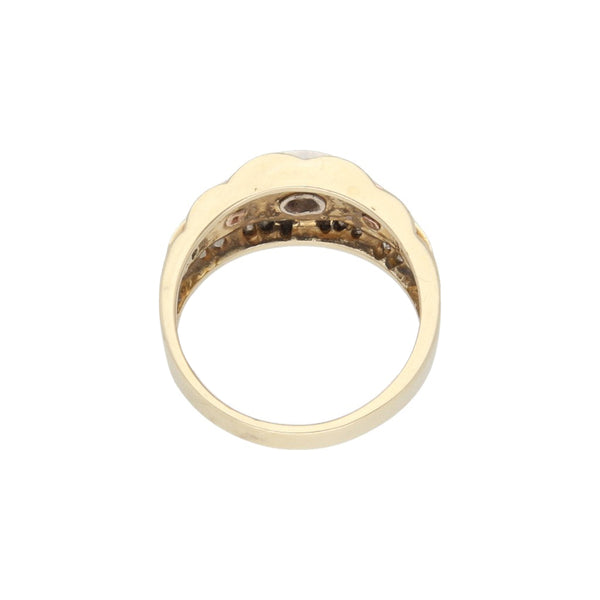 Anillo diseño especial con circonias en oro tres tonos 14 kilates.