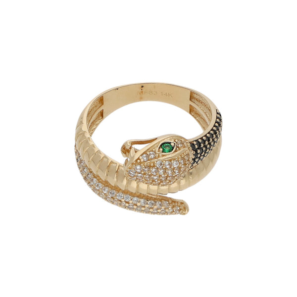 Anillo ondulado motivo serpiente con sintéticos en oro amarillo 14 kilates.