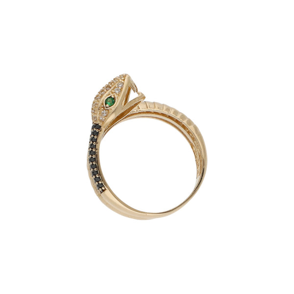 Anillo ondulado motivo serpiente con sintéticos en oro amarillo 14 kilates.
