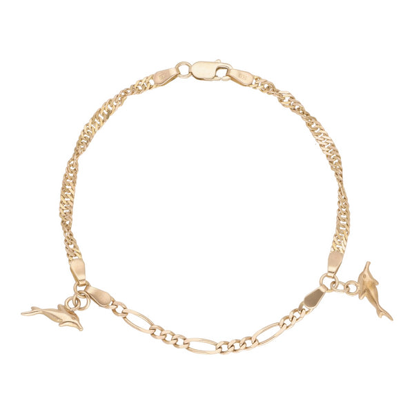 Pulsera eslabón combinado con colgantes motivo delfín en oro amarillo 14 kilates.