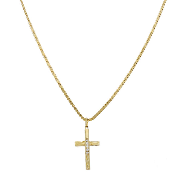 Collar eslabón planchado y cruz con circonias en oro amarillo 14 kilates.
