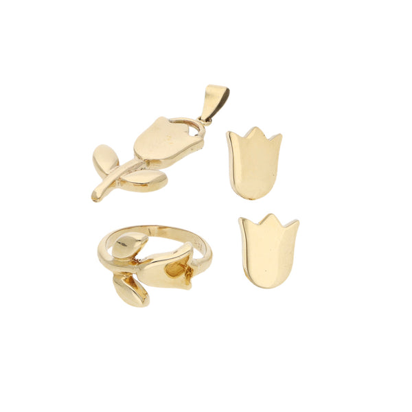 Juego de Anillo, dije y broqueles lisos motivo flor en oro amarillo 14 kilates.