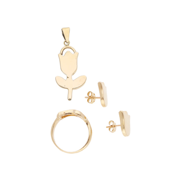 Juego de Anillo, dije y broqueles lisos motivo flor en oro amarillo 14 kilates.
