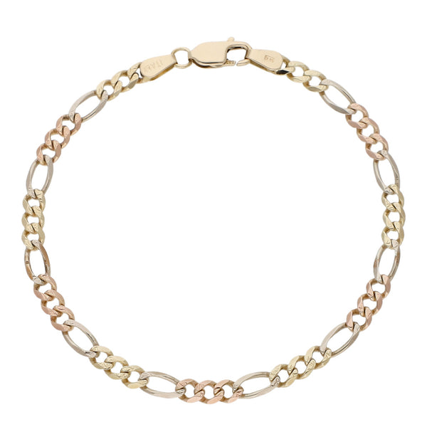 Pulsera de tres eslabones por uno en oro tres tonos 14 kilates.