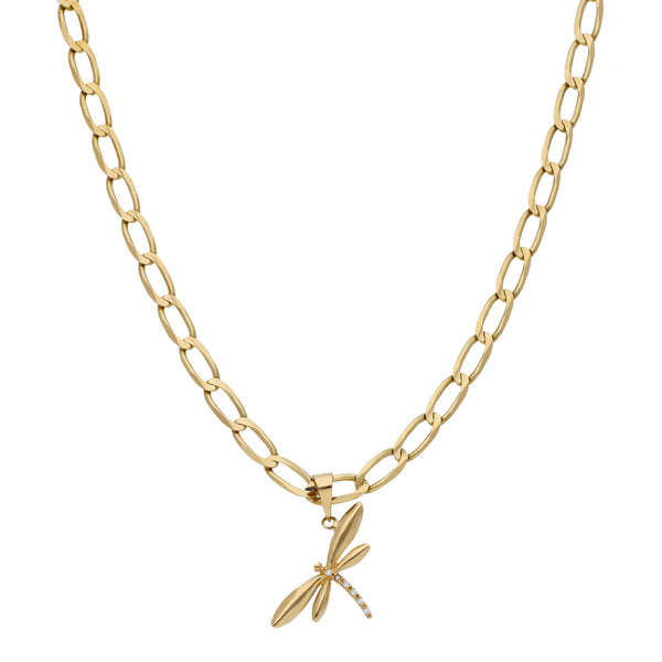 Collar eslabón encontrado y dije diseño especial con circonias motivo libélula en oro amarillo 14 kilates.