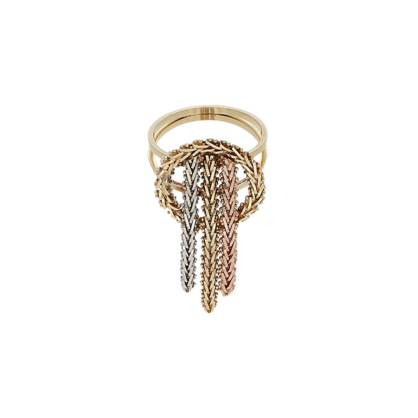 Anillo boleado con colgantes en oro tres tonos 14 kilates.