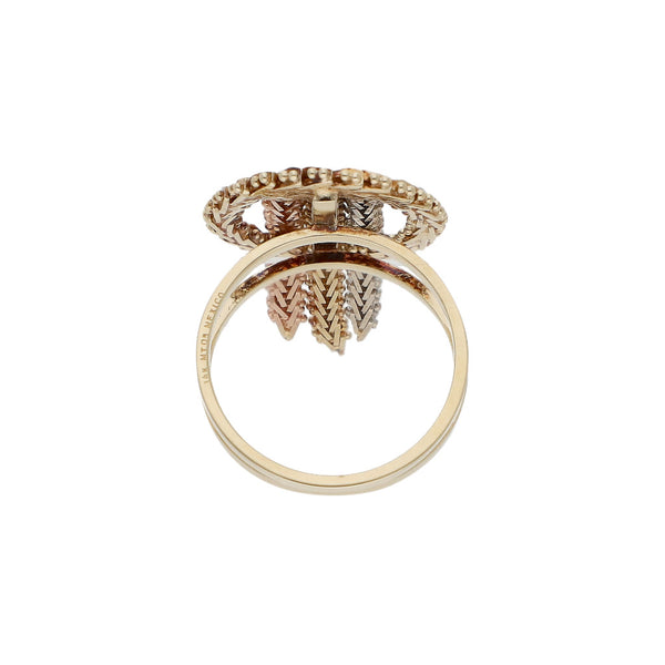 Anillo boleado con colgantes en oro tres tonos 14 kilates.