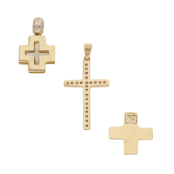 Tres cruces diseño especial con diamantes en oro dos tonos 14 kilates.