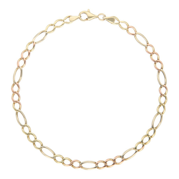 Pulsera de tres eslabones por uno en oro tres tonos 14 kilates.