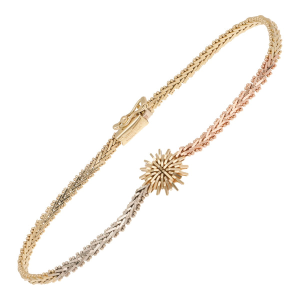 Pulsera eslabón boleado con aplicación en oro tres tonos 14 kilates.