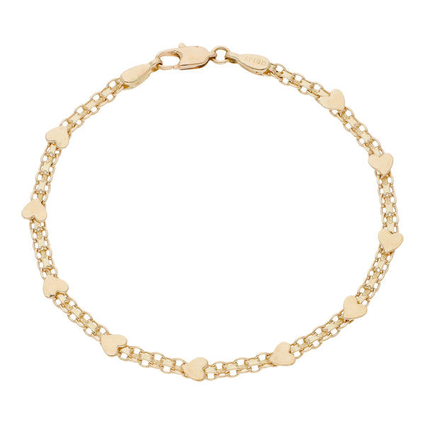 Pulsera eslabón calado con aplicaciones de corazón en oro amarillo 14 kilates.