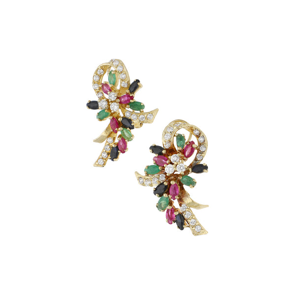 Aretes diseño especial con esmeraldas, rubíes, zafiros y circonias en oro amarillo 14 kilates.